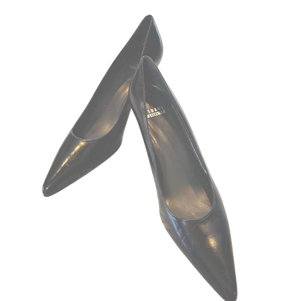Stuart Weitzman Black Leather Pointed Toe Kitten Heel Pumps Size 9N - Picture 3 of 9